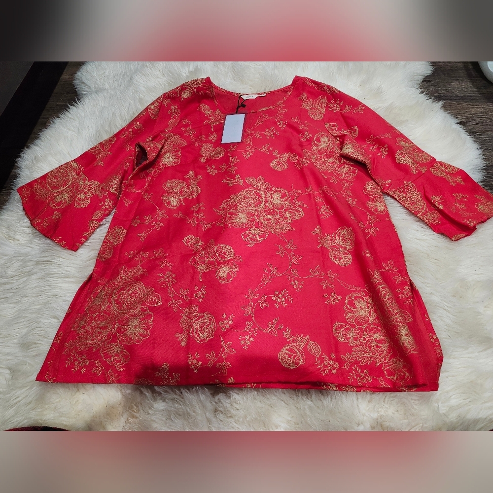 Chic Red and Gold Floral Women's Tunic Size XXL New
